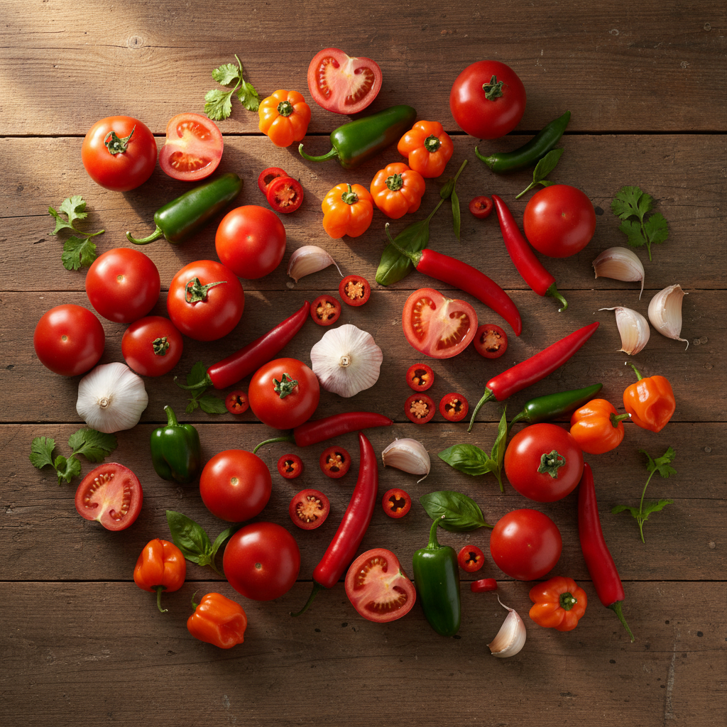 Fresh peppers, tomatoes, and garlic — the ingredients behind Sandy River Sauces