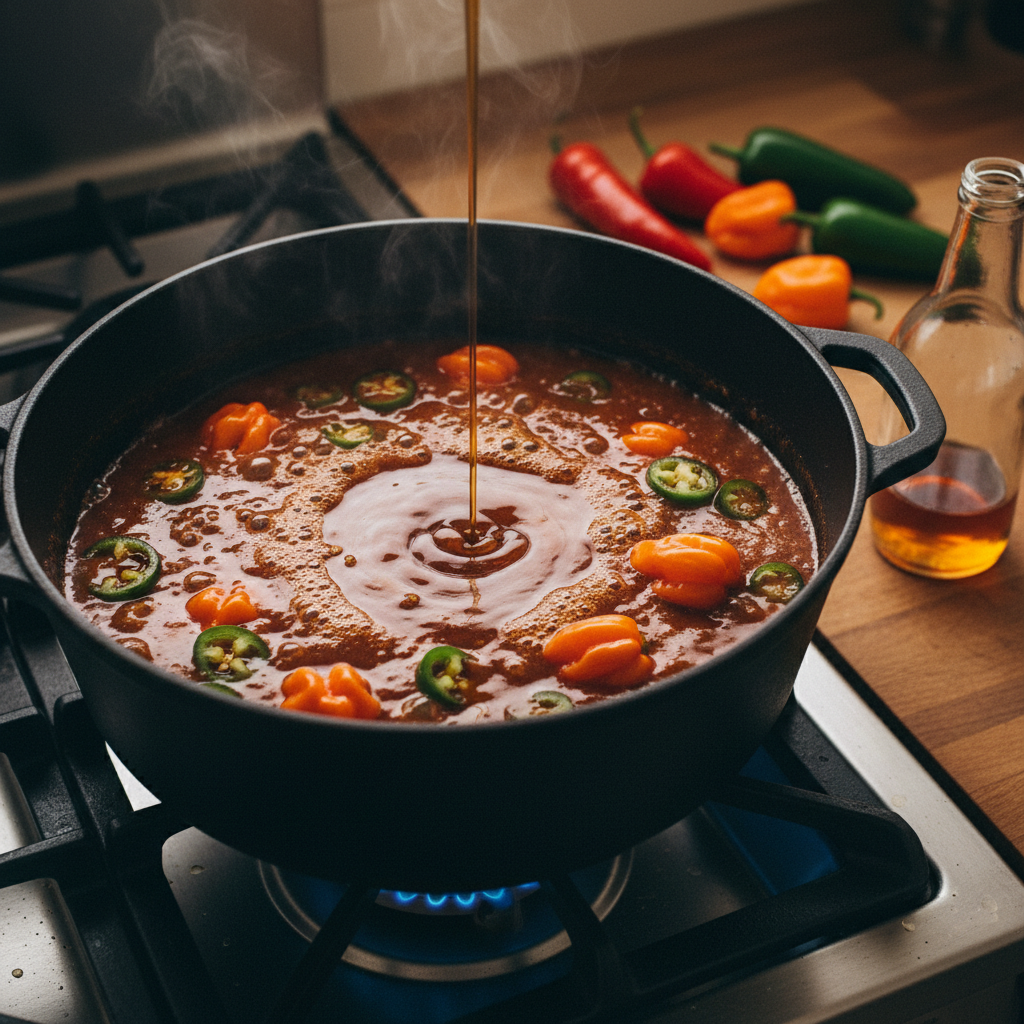 Dutch oven of hot sauce simmering with peppers and maple syrup