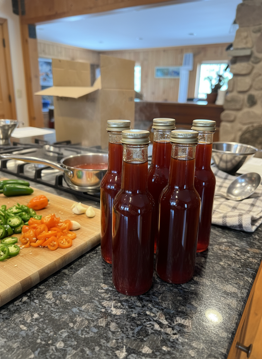 Home kitchen counter during a small batch sauce-making day